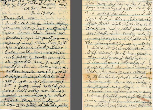 Letter from Ingeborg to Bob Winberg, Fred's nephew through his brother Karl "Charles", written soon after Fred's death.  Establishes that the youngest Winberg sister, Annie, remained in Sweden.  (Original: Bob Hart, Bob Winberg's USS Wainwright scrapbook)