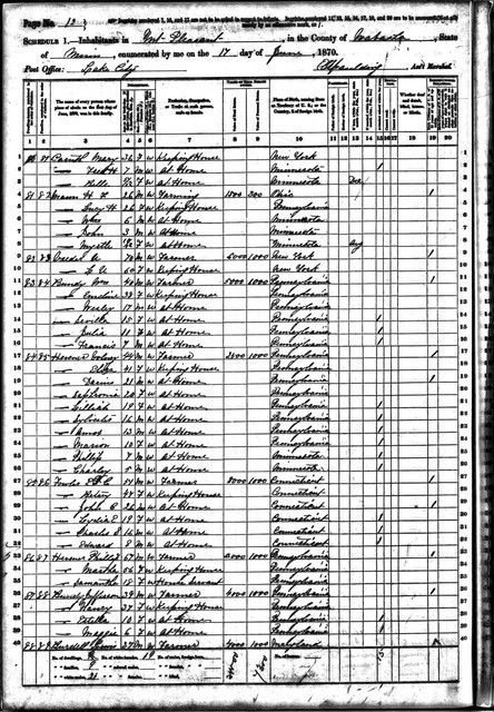 1870 Census, Minnesota, Wabasha County, Mount Pleasant Township, William M. Bundy