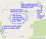 Various county histories tell us John Bundy Sr. arrived in the vicinity of the Kersey Settlement in Pennsylvania around 1818. But the 1820 census combined with other information as analyzed on the next few pages shows that in 1820, John Bundy probably resided as shown here on Sinnamahoning Creek about 4 miles southeast of Kersey and about 4 miles northeast of Penfield, an area that became part of Fox Township in later years. He was very near John Bliss, Seventh-day minister of "Fox Seven Day Baptist Church of Penfield." He was also close to Ebenezer Hewitt, who was married to Sarah, daughter of John Bliss. This collocation explains how we ended up with two pre-1830 marriages between these families (Thomas Bliss and Sally Bundy, and Stephen Bundy and Lucinda Susannah Hewitt).