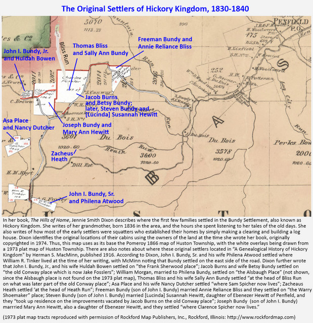 On 21 May 1830, according to MacMinn's "Genealogical History of Hickory Kingdom," John Bundy and others took advantage of a new road to move to the area then called Hickory Kingdom, the Bundy Settlement, or the Boone Mountain Settlement, and today called Sabula. This map of the area around modern-day Hickory Road uses references provided by Jennie Smith Dixon in her book "The Hills of Home" to show where the first few settlers built their homes upon arriving in 1830. (Original: Bob Hart)