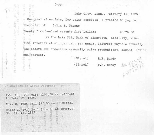 17 February 1925 (repeated for reference) Loan Note showing Julia Thomas lent Lindsay and Francis $2500, and some of this loan was still outstanding