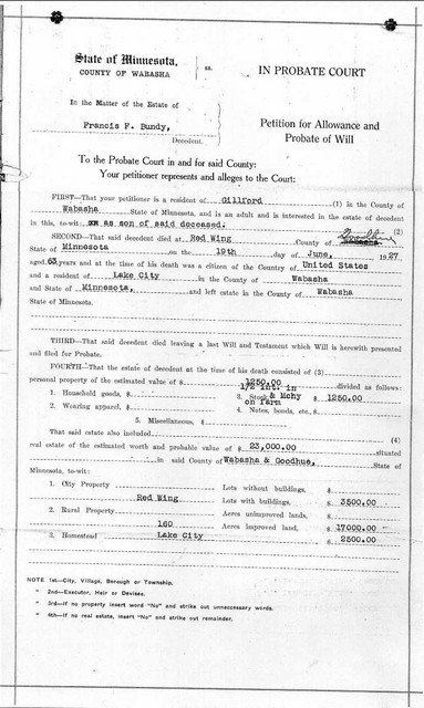 25 June 1927: Lindsay filed to have Francis' will probated one week after Francis died. Page 1