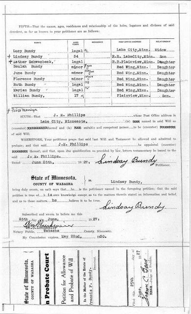 25 June 1927: Lindsay filed to have Francis' will probated one week after Francis died. Page 2