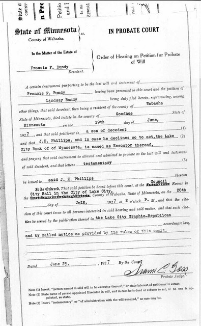 25 June 1927: Order for Probate Hearing, Page 1