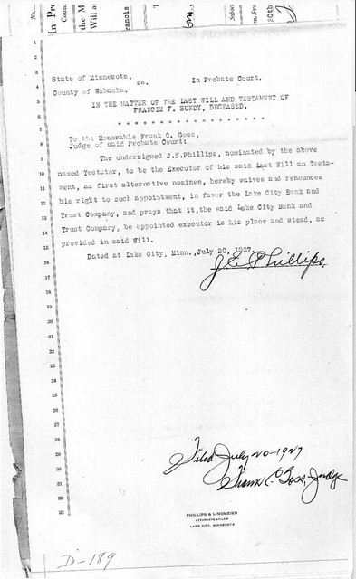 20 July 1927: J.E.Phillips Declined to be Named Executor. Page 1