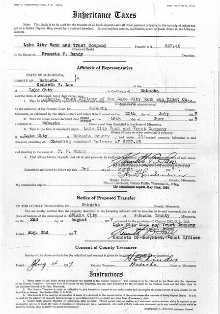 2 August 1927: Checking Account Transfer from Francis Bundy's checking account to County Treasurer