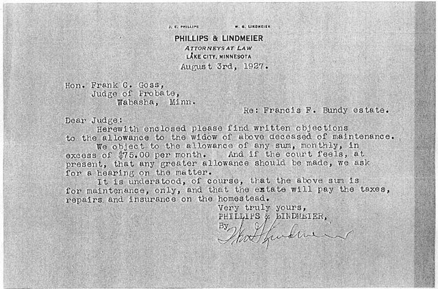 3 August 1927: The Lake City Bank objected to the amount Lucy Bundy petitioned for as maintenance. Page 1