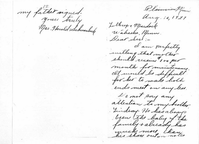10 August 1927: Letter from Esther supporting Lucy's petition, but for $100 instead of $150, and advising the court to "ignore Lindsay".