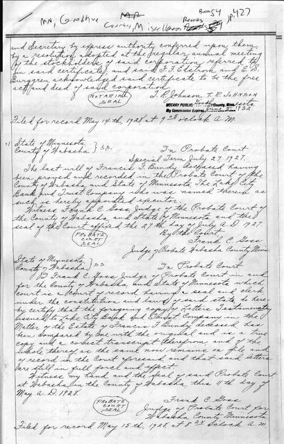 1 December 1927, filed 15 May 1928, Order for License to Sell Land, Page 1(Not from Probate File, from Goodhue County, Miscellaneous Records Book 54, starting on p. 427)