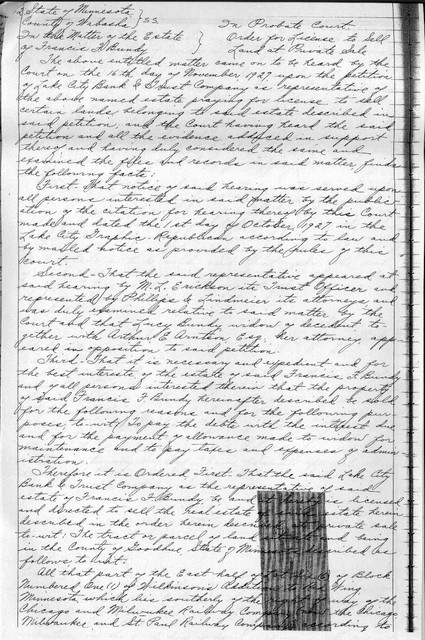 1 December 1927, filed 15 May 1928, Order for License to Sell Land, Page 2(Not from Probate File, from Goodhue County, Miscellaneous Records Book 54, starting on p. 427)