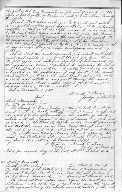 1 December 1927, filed 15 May 1928, Order for License to Sell Land, Page 3(Not from Probate File, from Goodhue County, Miscellaneous Records Book 54, starting on p. 427)