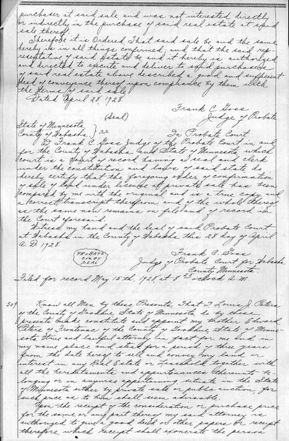 1 December 1927, filed 15 May 1928, Order for License to Sell Land, Page 5(Not from Probate File, from Goodhue County, Miscellaneous Records Book 54, starting on p. 427)