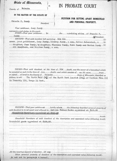 7 September 1928: Lucy Bundy petitioned the court to declare the farm as her homestead. Note that the will decreed that if the farm were her homestead, it could not be sold without her permission. Page 1.