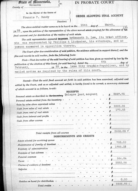 15 March 1933: Final Account Order, Page 1