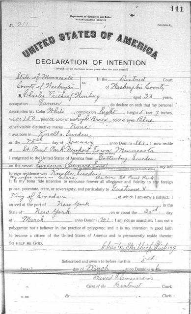 Charles Winberg Immigration Documents, page 1.  (Original: Alice Robinson, from Ironworld Heritage Center, Chisholm, MN)