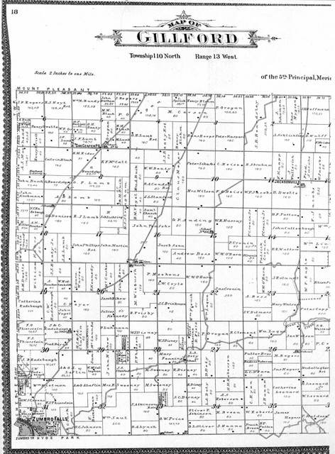 This undated platt map of Gillford Township shows the Francis Bundy farm marked off at the top left.  It is marked as owned by William Bundy, indicating Thomas Jefferson Bundy, (William's brother and the original homesteader) had already returned to Pennsylvania, turning the land over to William, but William had not yet turned it over to Francis.