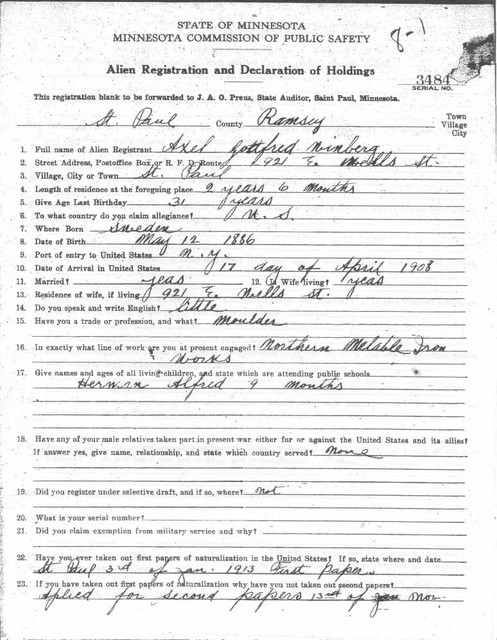 Fred Winberg Immigration Documents, page 1.  (Original: Alice Robinson, from the Ironworld History Center, Chisholm, MN)