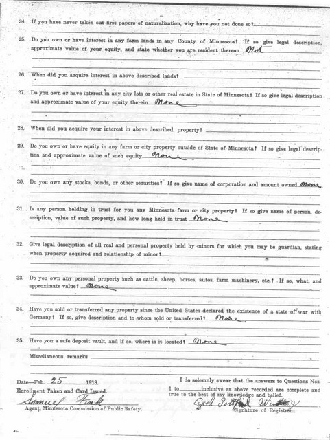 Fred Winberg Immigration Documents, page 1.  (Original: Alice Robinson, from the Ironworld History Center, Chisholm, MN)