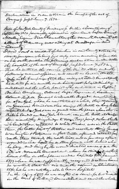 11 September 1832. David Soule's declaration in order to obtain a pension in accordance with an Act passed 7 June 1832.